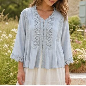 Womens Dusty Blue Cotton Lace Crochet Boho Blouse Pintuck Pleat Top Size M